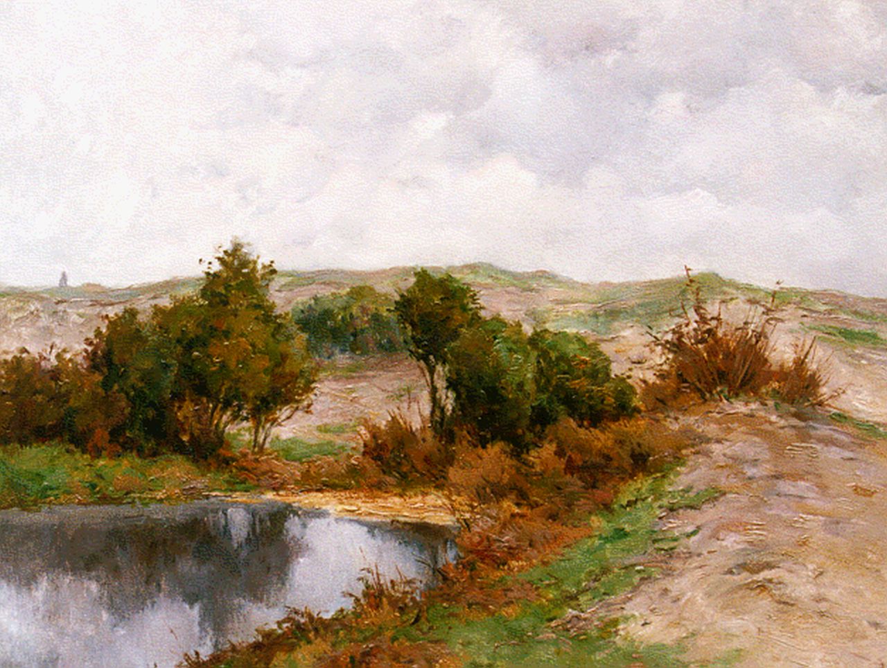 Miolée A.  | Adrianus 'Adriaan' Miolée, A stream in a summer landscape, oil on painter's cardboard 40.0 x 49.7 cm, signed l.r.