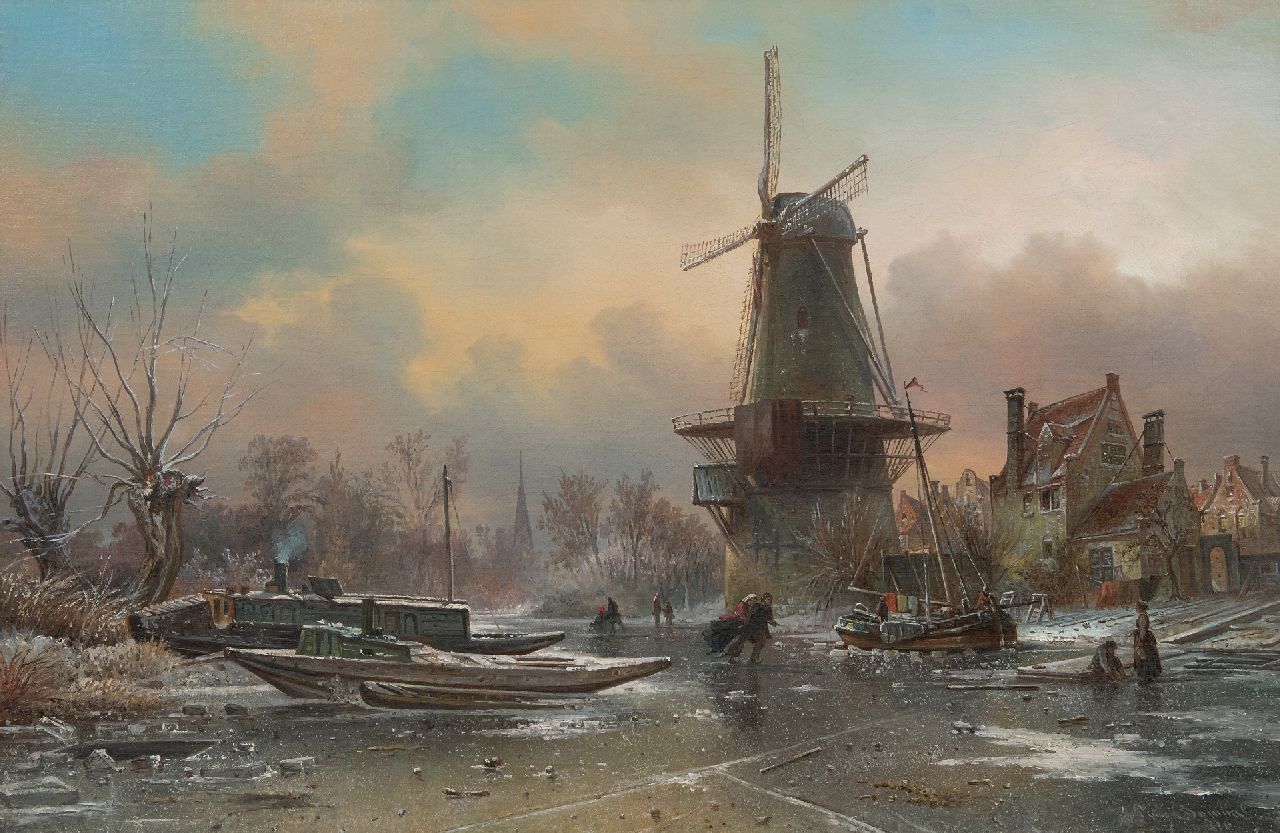 Bommel E.P. van | Elias Pieter van Bommel, Skaters on a frozen canal near a windmill, oil on canvas 50.1 x 76.1 cm, signed l.r. and dated 1870