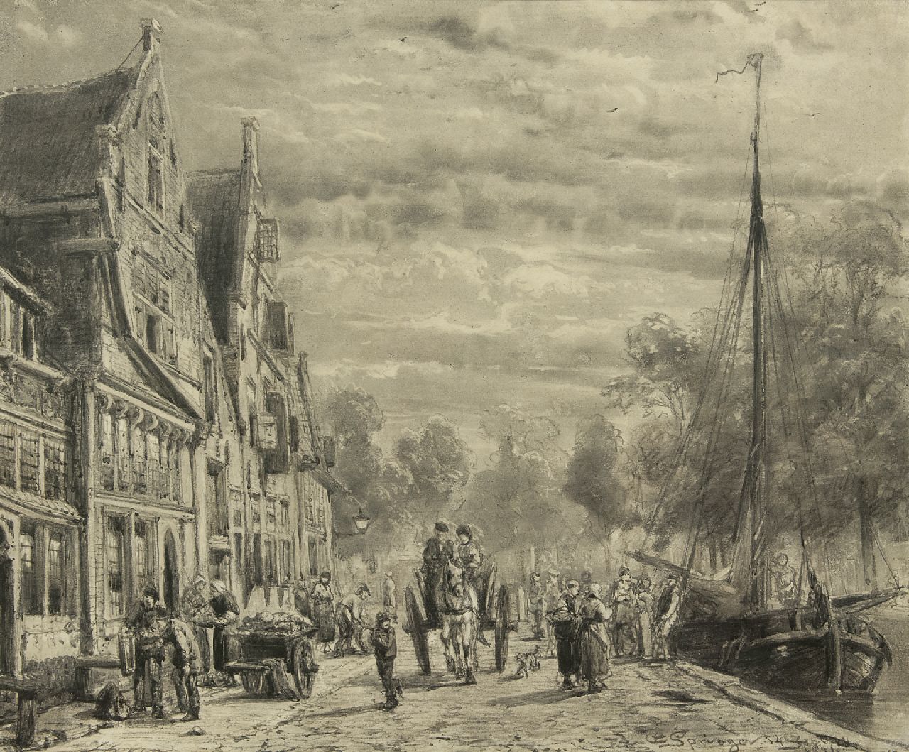 Springer C.  | Cornelis Springer, The Biersluis te Hoorn, charcoal on paper 52.2 x 63.2 cm, signed l.r. and dated 14 Sept. 1874