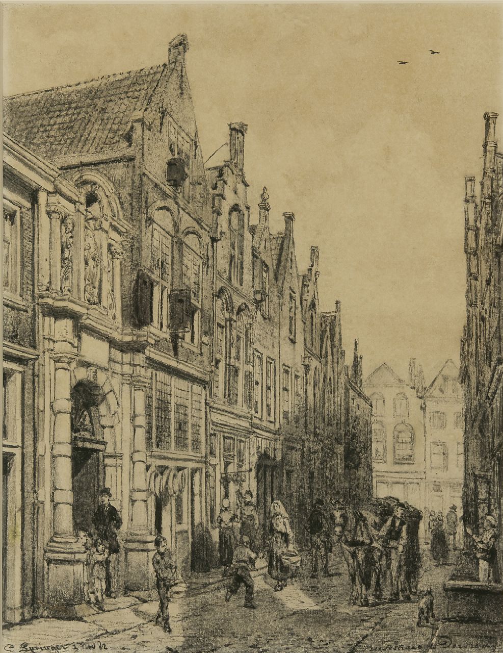 Springer C.  | Cornelis Springer, The  Vriesestraat in Dordrecht with the entrance of the Gemeenteschool, charcoal on paper 50.7 x 39.6 cm, signed l.l. and dated 1 Nov. '82