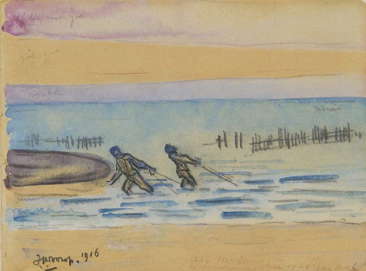 Toorop J.Th.  | Johannes Theodorus 'Jan' Toorop, Prawn fishers, Zeeland, black chalk and watercolour on paper 11.4 x 15.1 cm, signed l.l. and dated 1916