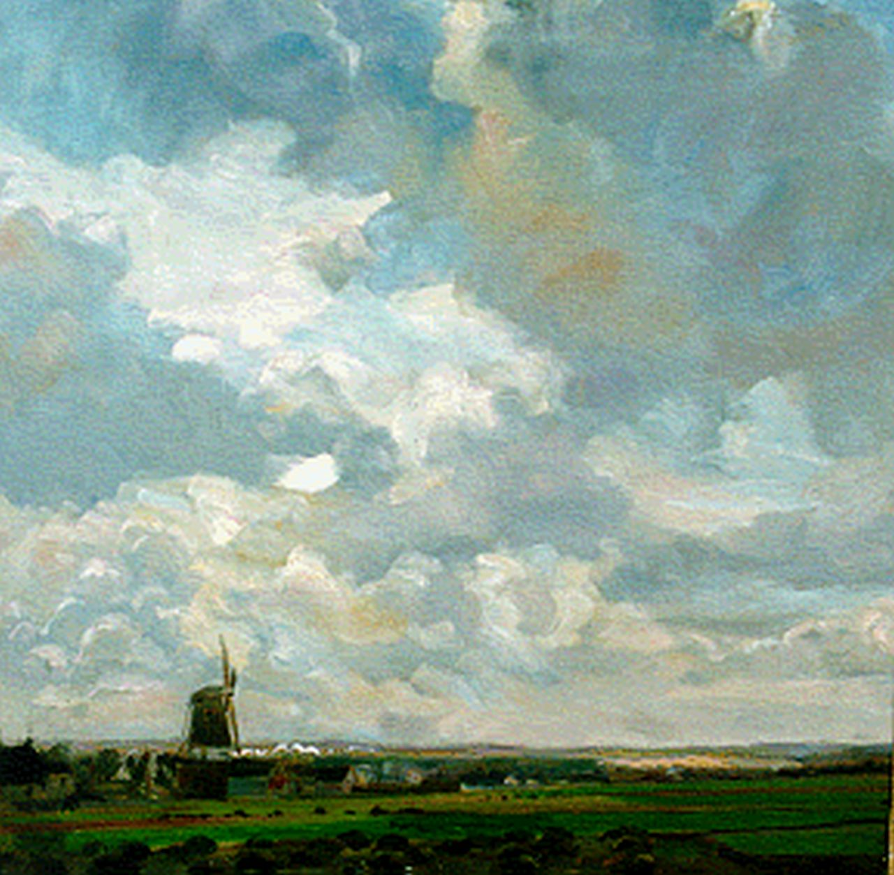 Haverkamp G.C.  | Gerhard Christiaan 'Gerrit' Haverkamp, An extensive landscape with windmill, oil on canvas 40.2 x 40.2 cm, signed l.r. and dated '88