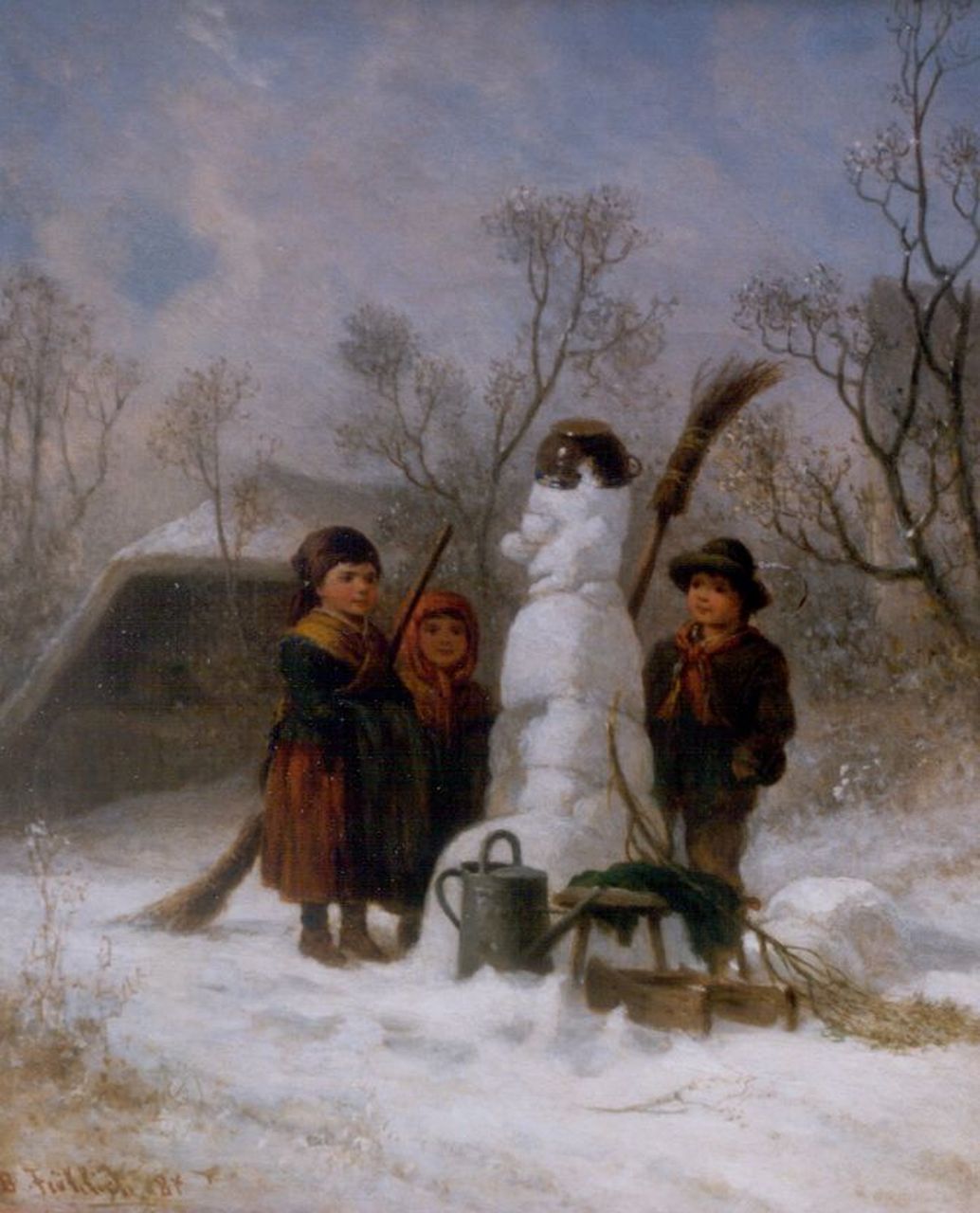 Fröhlich B.  | Bernhard Fröhlich, A snowman, oil on canvas 26.0 x 21.4 cm, dated '84