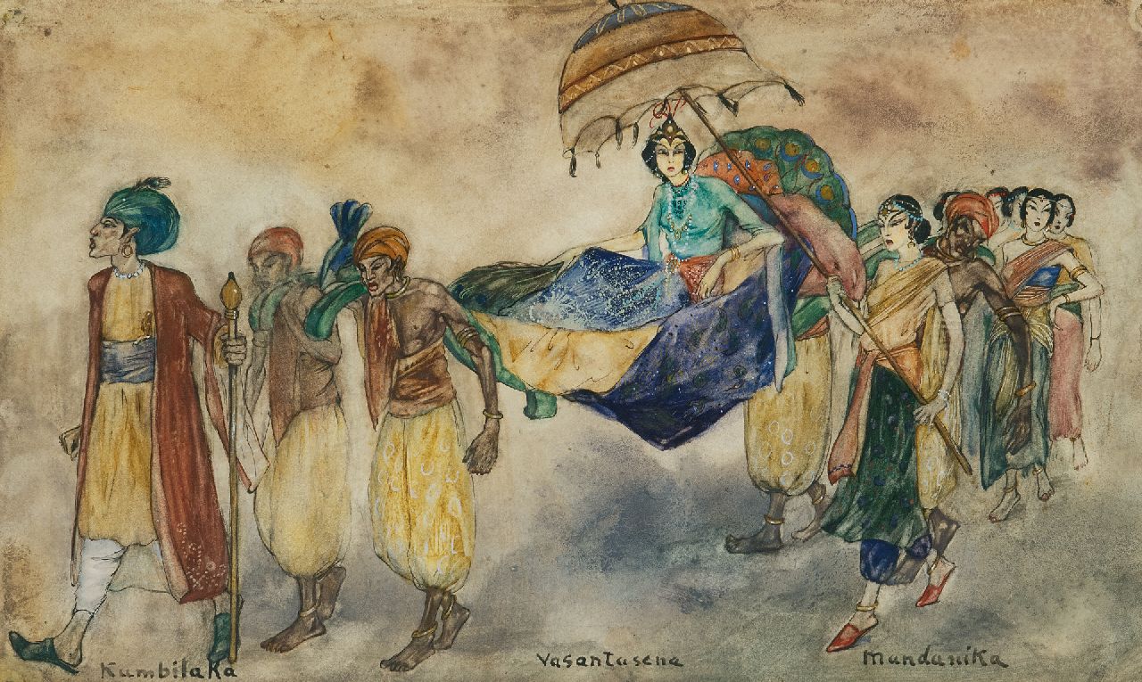 Hoboken J. van | Jacoba 'Jemmy' van Hoboken | Watercolours and drawings offered for sale | Kumbilaka, Vasantasena and Mundanika, pen, ink and watercolour on paper 22.5 x 37.7 cm