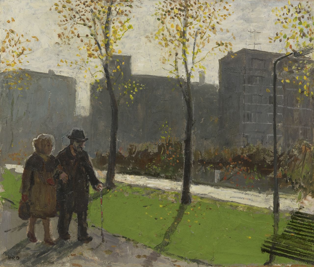 Kamerlingh Onnes H.H.  | 'Harm' Henrick Kamerlingh Onnes | Paintings offered for sale | Walking in the park, oil on board 35.7 x 42.1 cm, signed l.l. and on the reverse with monogram and dated on the reverse 1965