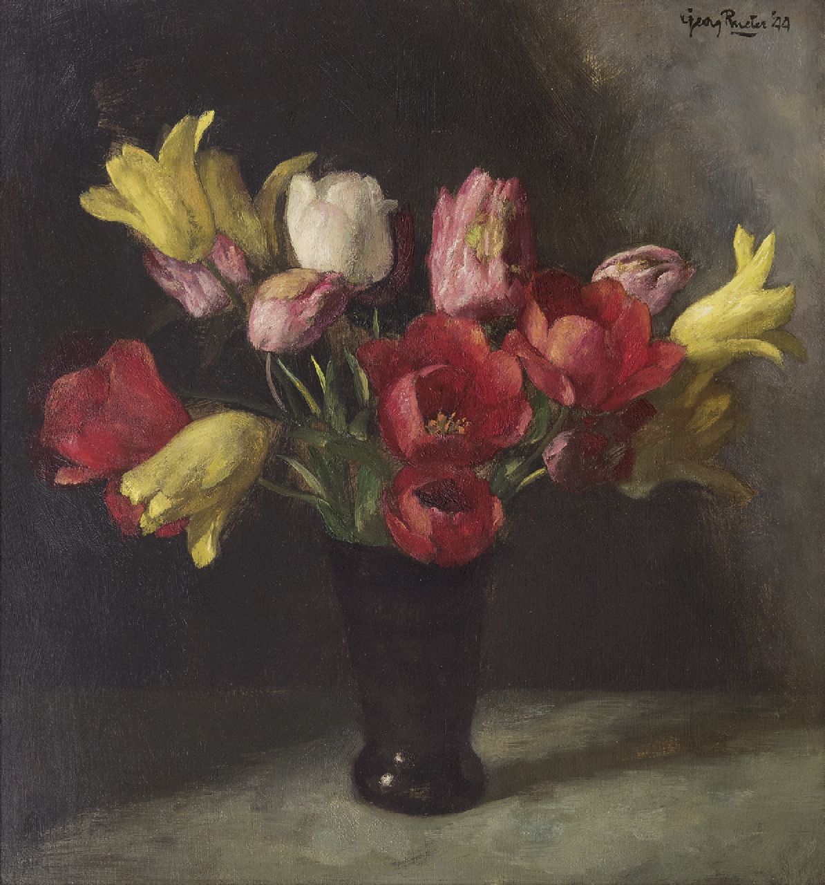 Rueter W.C.G.  | Wilhelm Christian 'Georg' Rueter, Tulips, oil on panel 48.6 x 45.1 cm, signed u.r. and dated '44