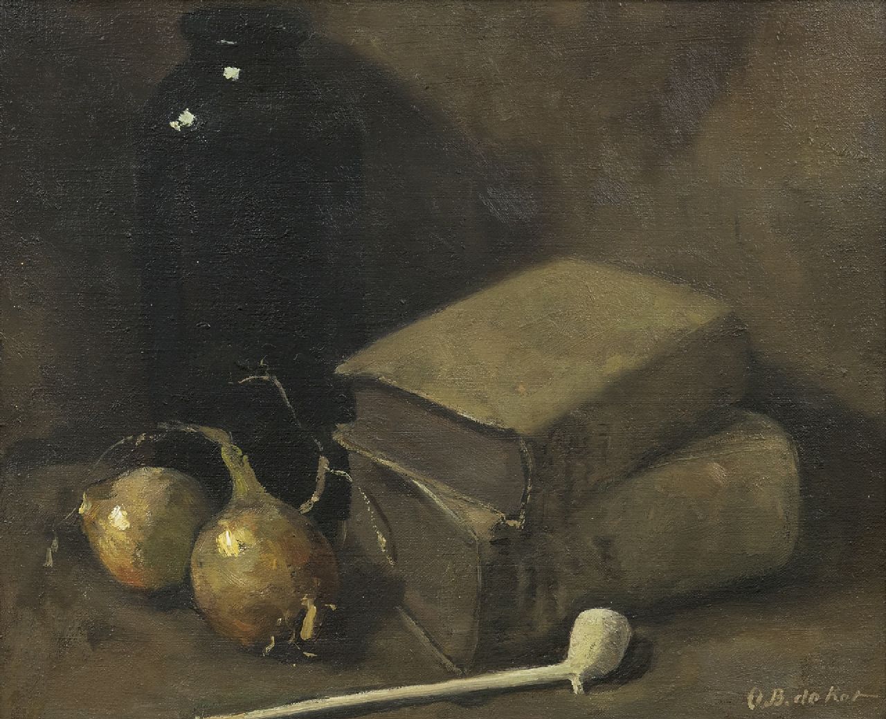 Kat O.B. de | 'Otto' Boudewijn de Kat, A still life with books, two onions and a Gouda pipe, oil on canvas 34.5 x 42.2 cm, signed l.r.