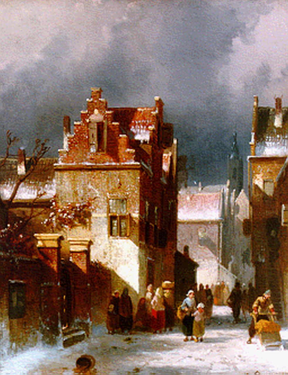 Leickert C.H.J.  | 'Charles' Henri Joseph Leickert, A snow-covered town, oil on panel 27.0 x 20.0 cm, signed l.r.