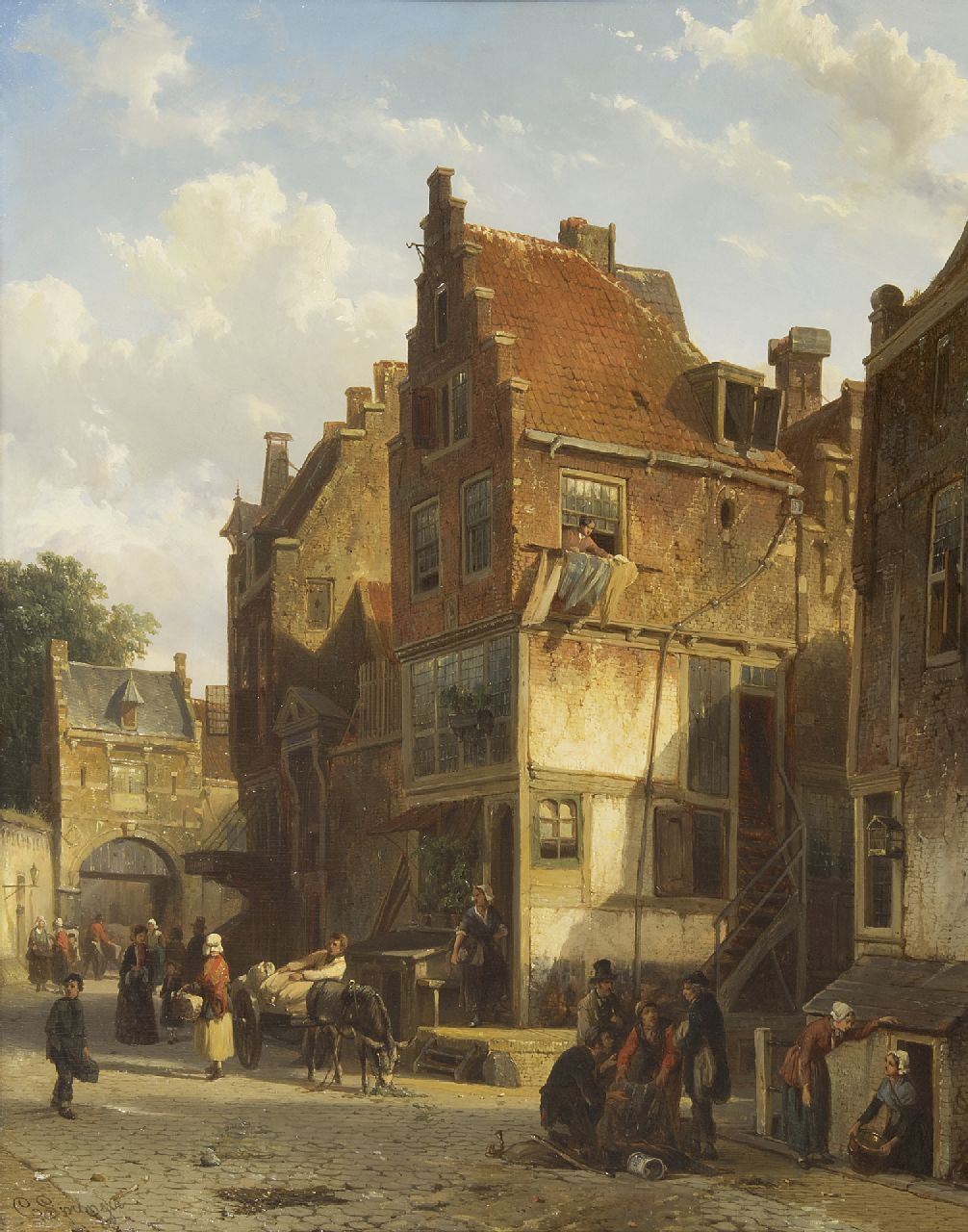 Springer C.  | Cornelis Springer, Daily activities in a Dutch town, oil on panel 49.0 x 39.0 cm, signed l.l., l.r. and on the reverse and dated '58