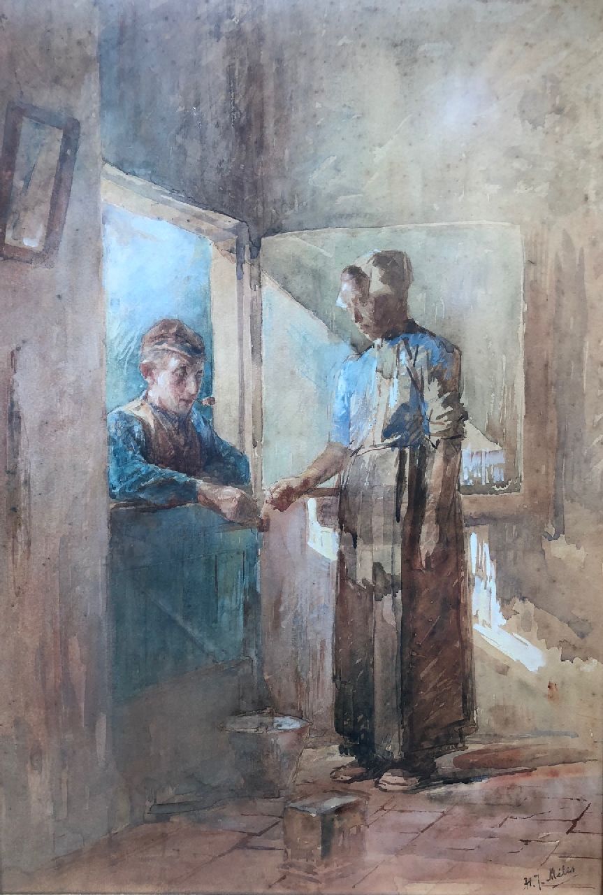 Mélis H.J.  | Henricus Joannes Mélis, A chat at the door, watercolour on paper 50.8 x 35.4 cm, signed l.r.