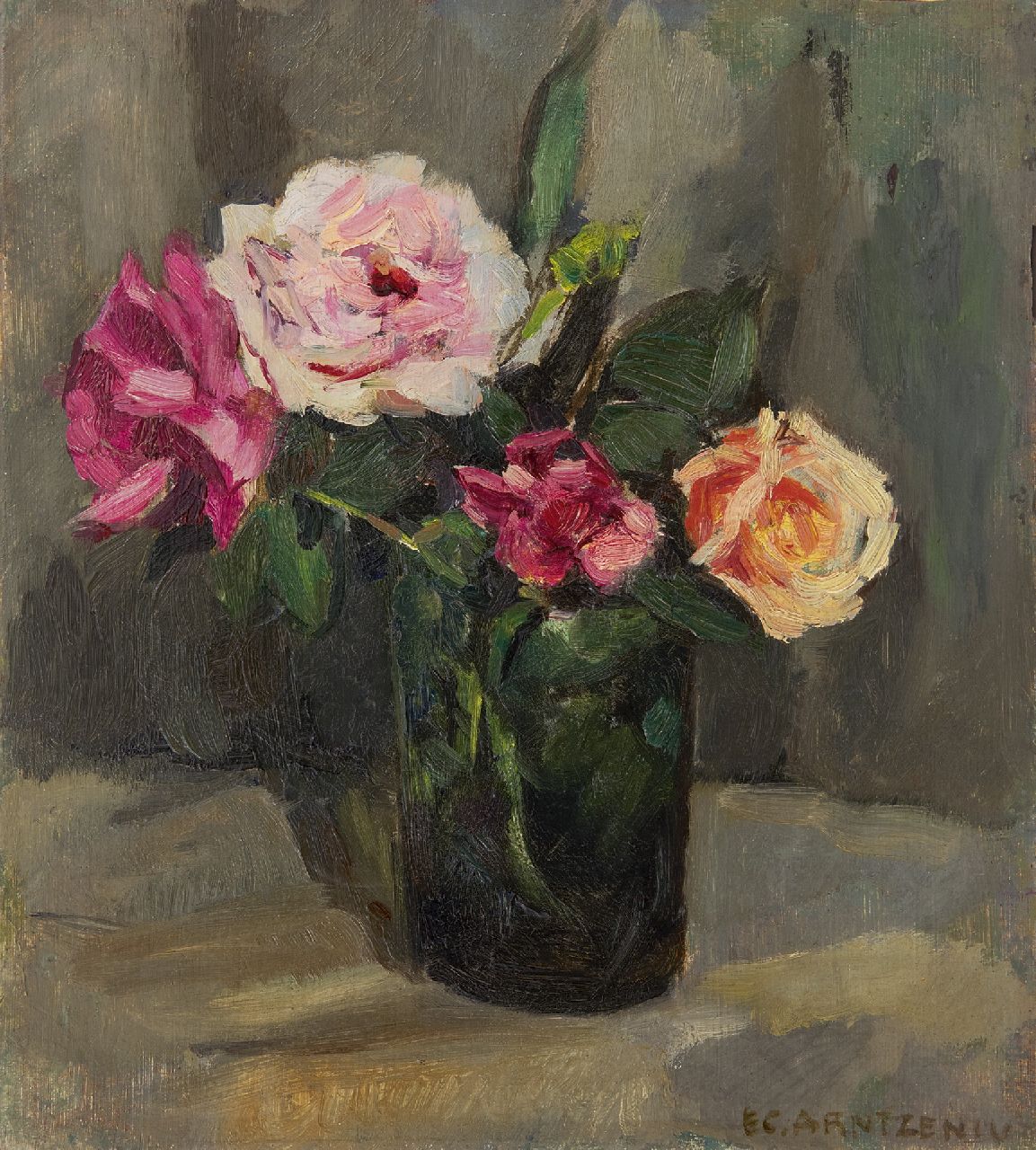 Arntzenius E.C.  | Elise Claudine Arntzenius, Roses in a green vase, oil on panel 25.9 x 24.0 cm, signed l.r.