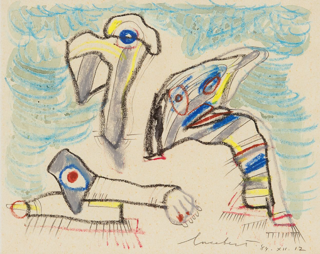 Lucebert (Lubertus Jacobus Swaanswijk)   | Lucebert (Lubertus Jacobus Swaanswijk) | Watercolours and drawings offered for sale | Three creatures, pencil, chalk and watercolour on paper 20.9 x 26.7 cm, signed l.r. and dated 84.XII.12