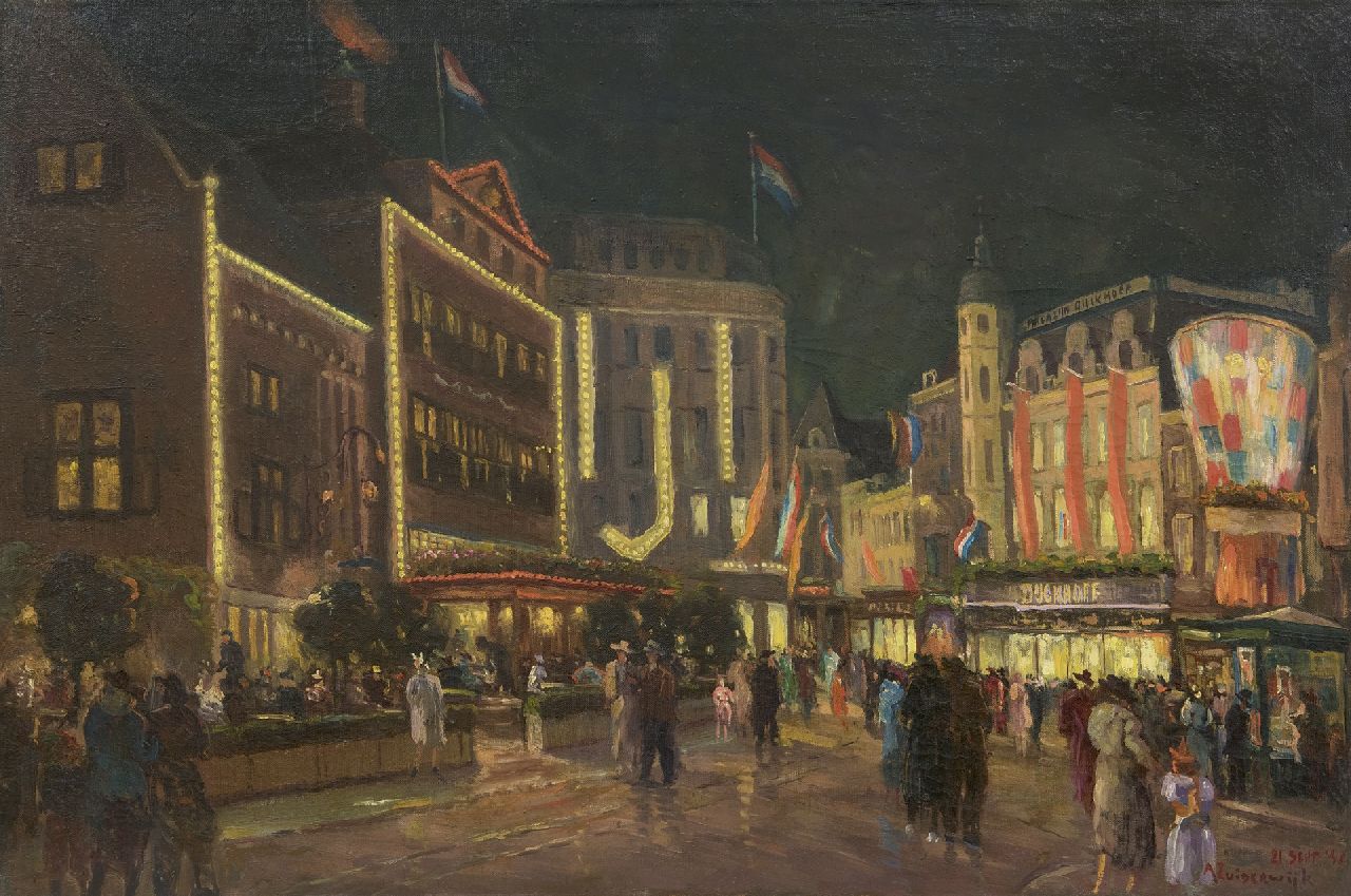 Zuiderwijk A.  | Adrianus Zuiderwijk, The Groenmarkt in The Hague by night, oil on canvas 60.6 x 90.4 cm, signed l.r. and dated 21 sept '48