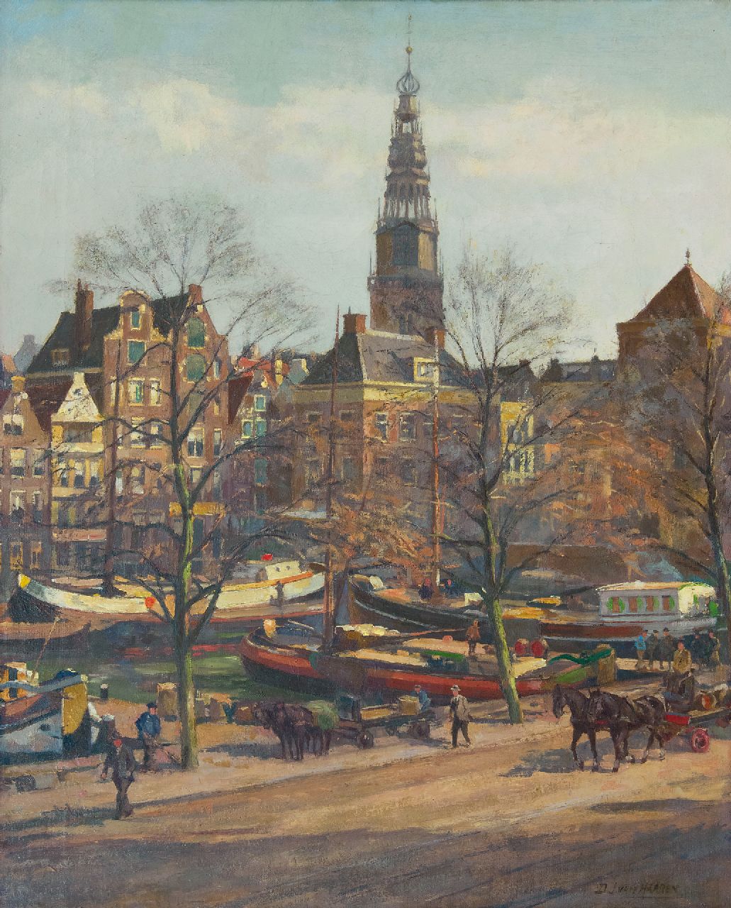 Haaren D.J. van | 'Dirk' Johannes van Haaren | Paintings offered for sale | A view of Amsterdam with the tower of the Oude Kerk, oil on canvas 58.1 x 47.0 cm, signed l.r.