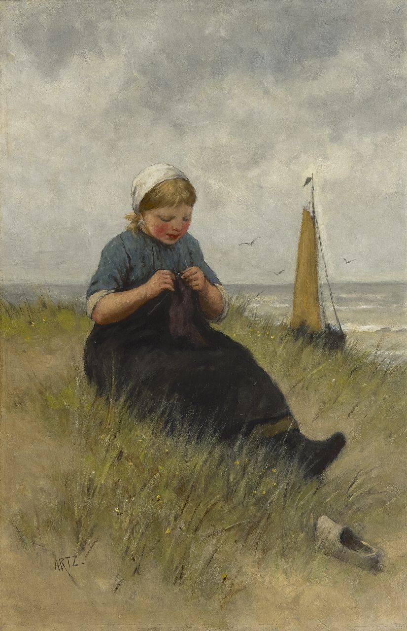 Artz D.A.C.  | David Adolphe Constant Artz, Young girl knitting in the dunes, oil on canvas 54.3 x 36.1 cm, signed l.l.