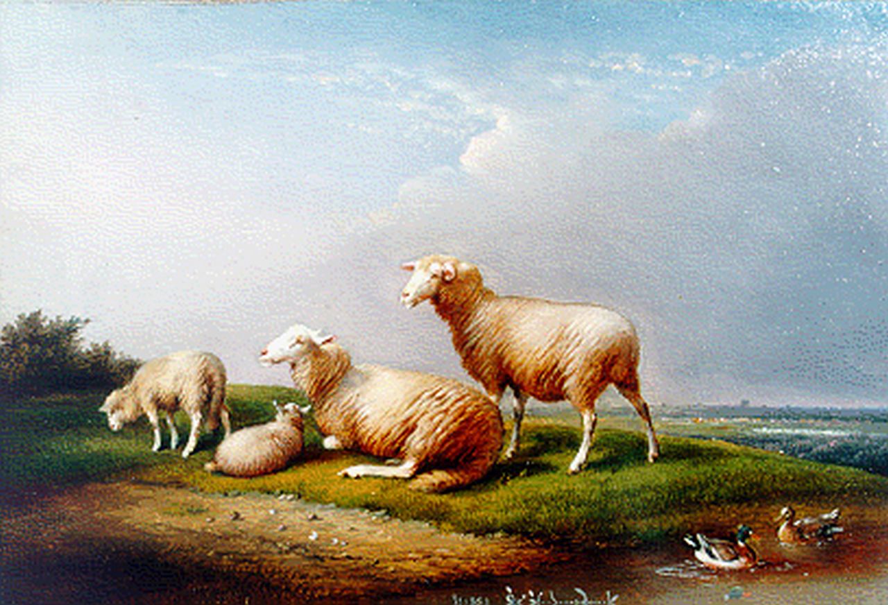 Severdonck F. van | Frans van Severdonck, Sheep in a landscape, oil on panel 17.8 x 26.0 cm, signed l.c. and dated 1889