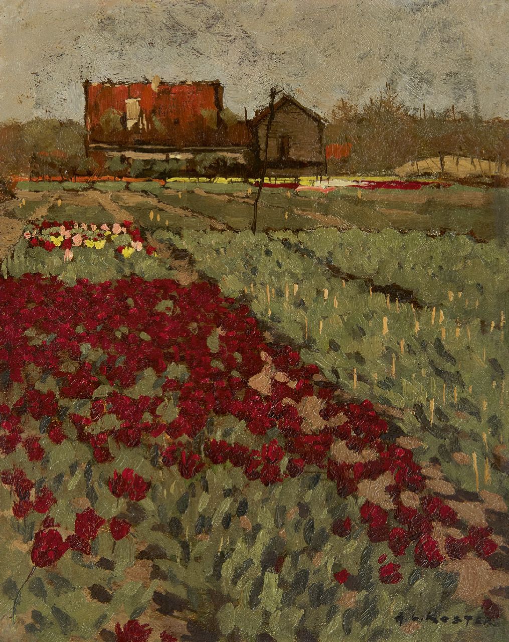Koster A.L.  | Anton Louis 'Anton L.' Koster, A field of tulips, oil on canvas laid down on board 30.5 x 24.5 cm, signed l.r.