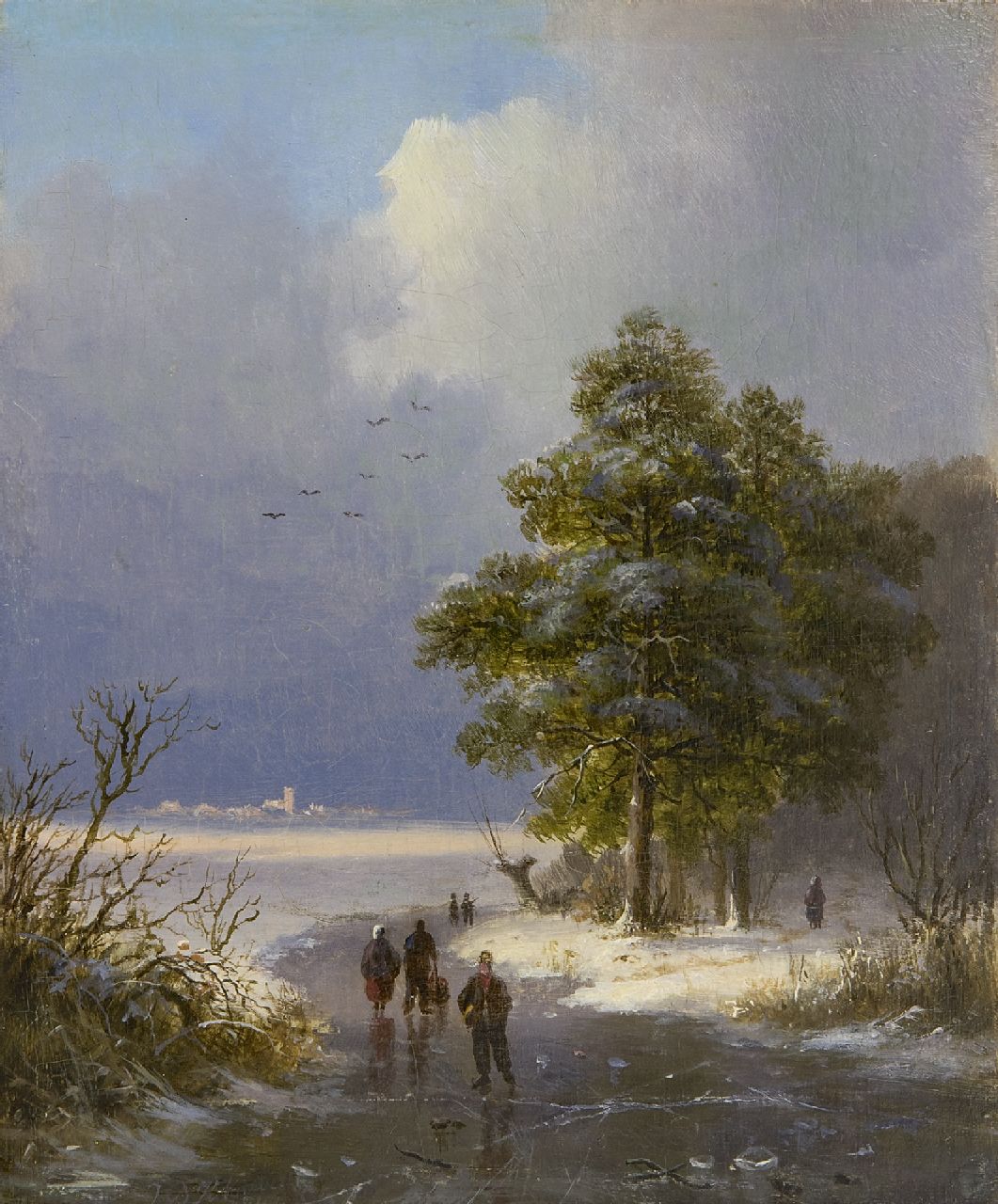 Klombeck J.B.  | Johann Bernard Klombeck | Paintings offered for sale | Winter landscape near Cleves with ice skaters, oil on panel 16.4 x 13.5 cm, signed l.l. and dated 1842