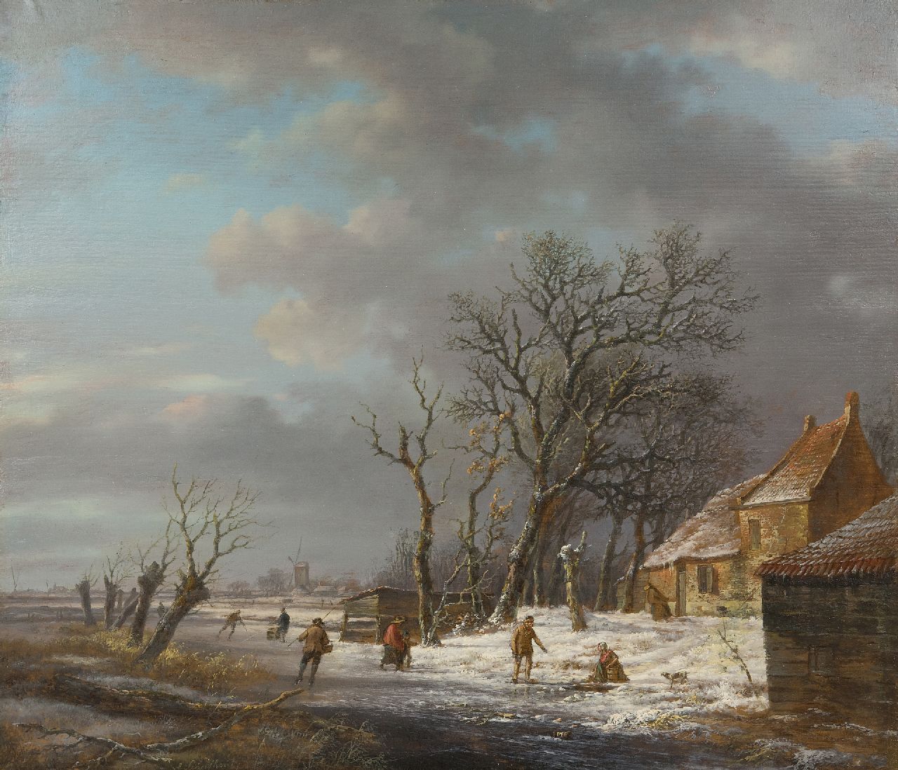 Schelfhout A.  | Andreas Schelfhout, Winter landscape with skaters and a washerwoman at an ice hole, oil on panel 37.0 x 43.1 cm, signed l.l. and painted ca. 1820