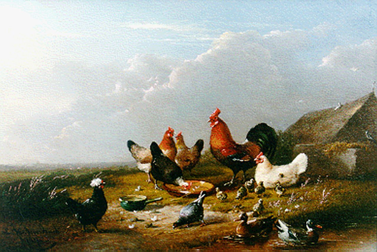 Severdonck F. van | Frans van Severdonck, Poultry in a landscape, oil on panel 17.0 x 24.8 cm, signed l.l. and dated 1871