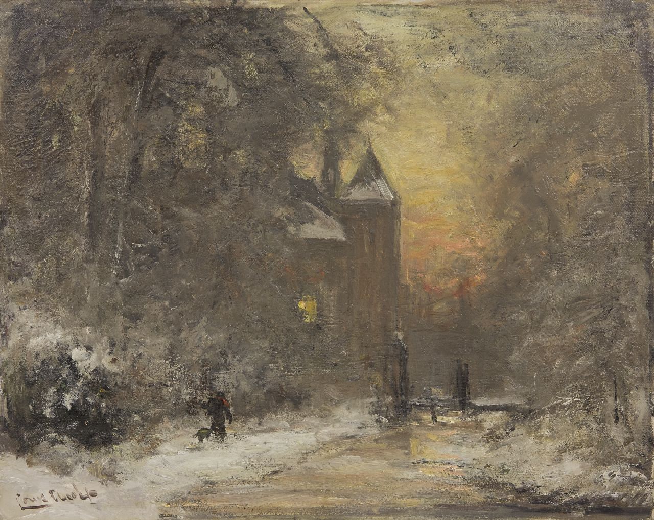 Apol L.F.H.  | Lodewijk Franciscus Hendrik 'Louis' Apol, A winter landscape with a man and his dog near a castle, oil on canvas 40.5 x 50.4 cm, signed l.l.