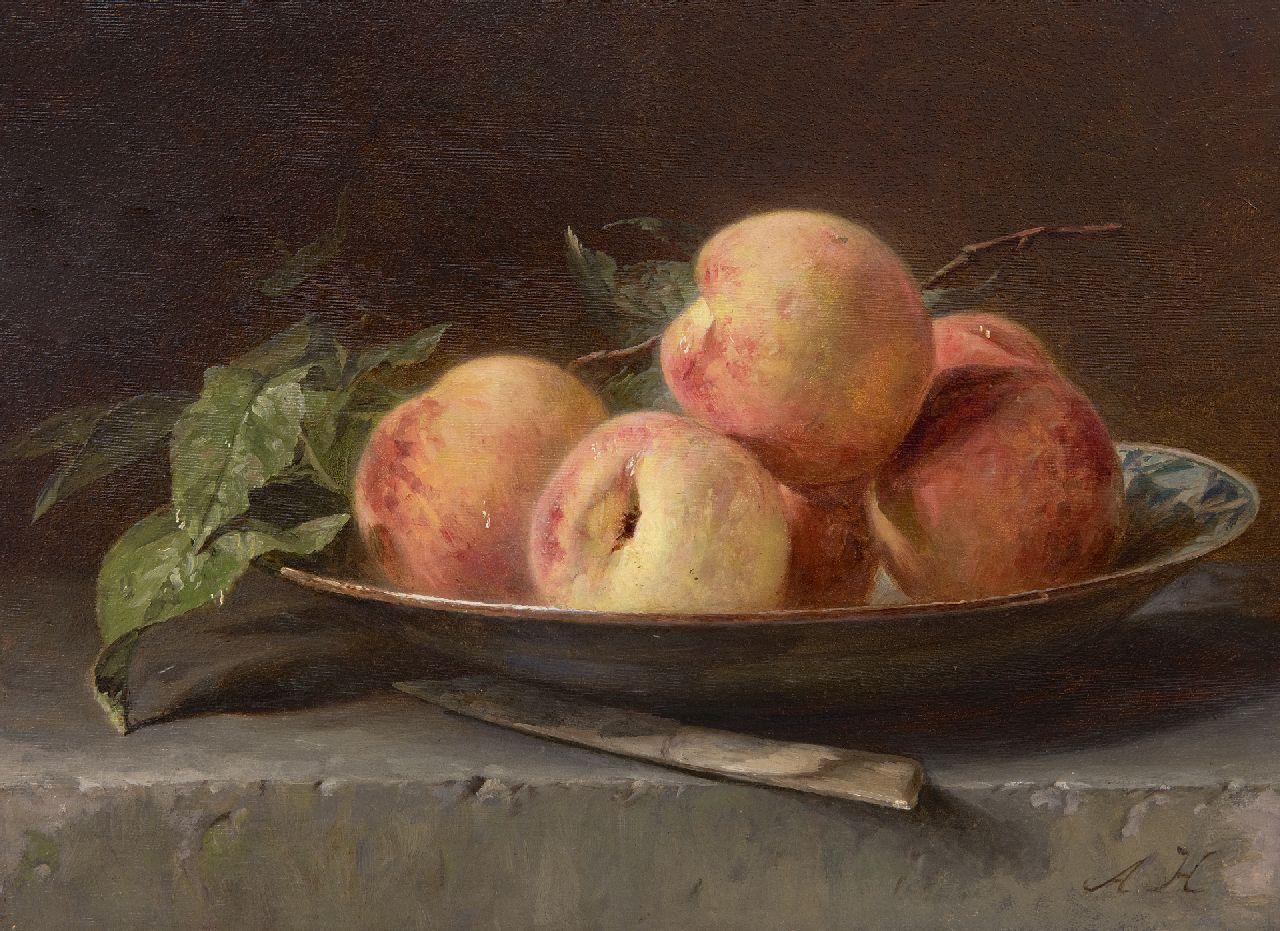 Haanen A.J.  | Adriana Johanna Haanen, Peaches in a bowl on a ledge, oil on panel 23.4 x 32.0 cm, signed l.r. with initials