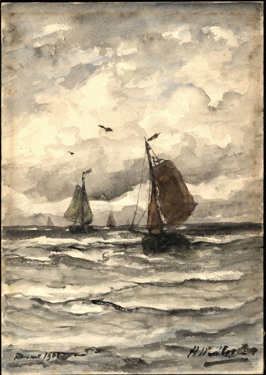 Mesdag H.W.  | Hendrik Willem Mesdag, Fishing ships at sea, watercolour on painter's board 26.6 x 18.7 cm, signed l.r. and l.l. l.o.: 'Avond' 1901