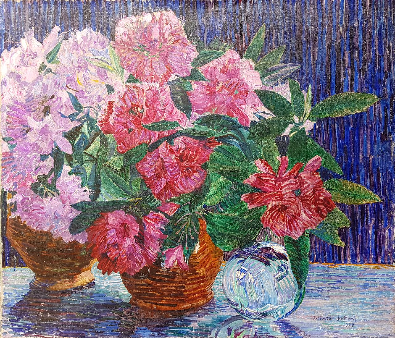Koster J.P.C.A.  | Johanna Petronella Catharina Antoinetta 'Jo' Koster, Rhododendron branches in a vase, oil on canvas 60.5 x 70.2 cm, signed l.r. and dated 1919