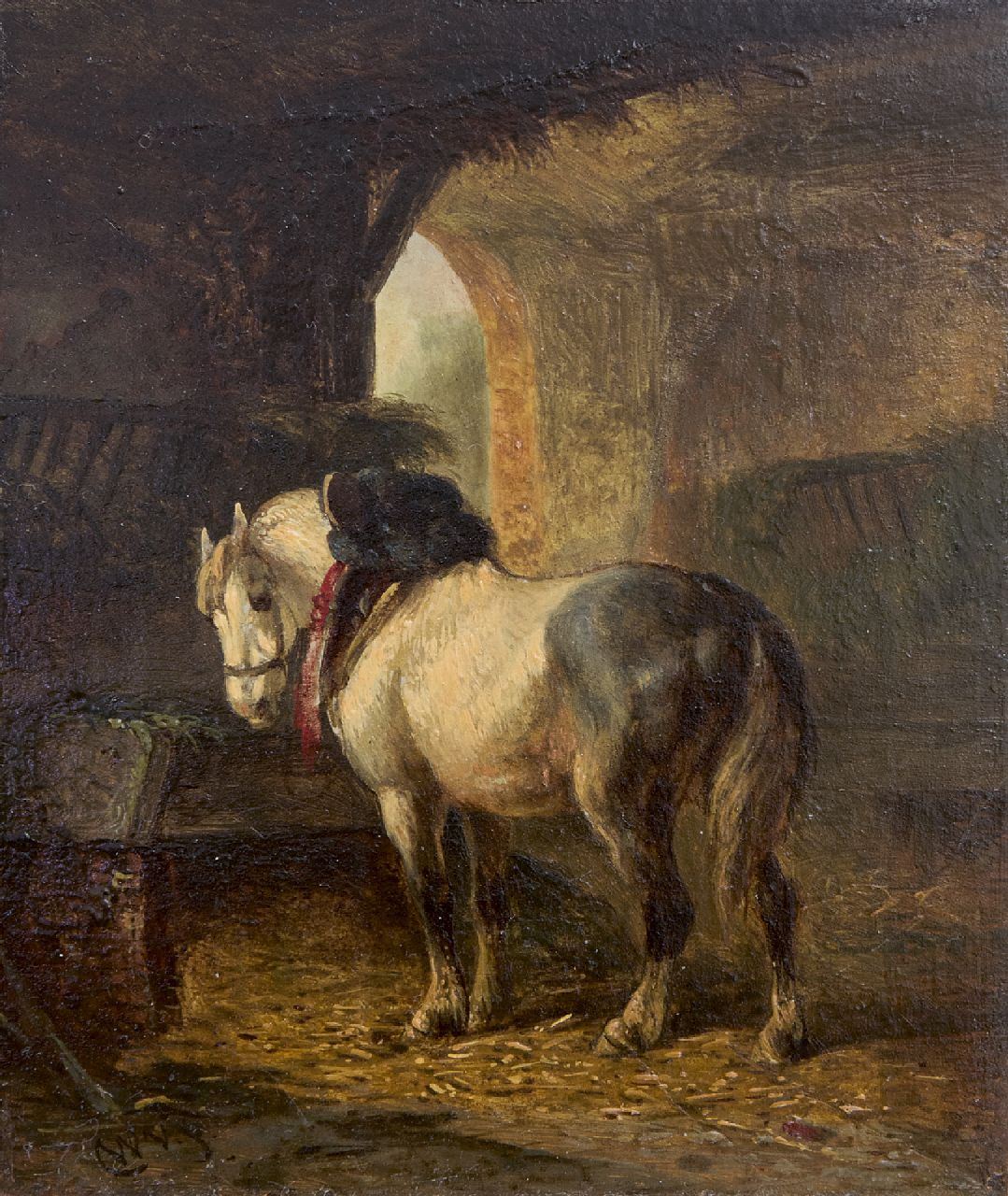 Verschuur W.  | Wouterus Verschuur, In the stable, oil on panel 13.3 x 11.0 cm, signed l.l. with initials and dated on a label on the reverse '71