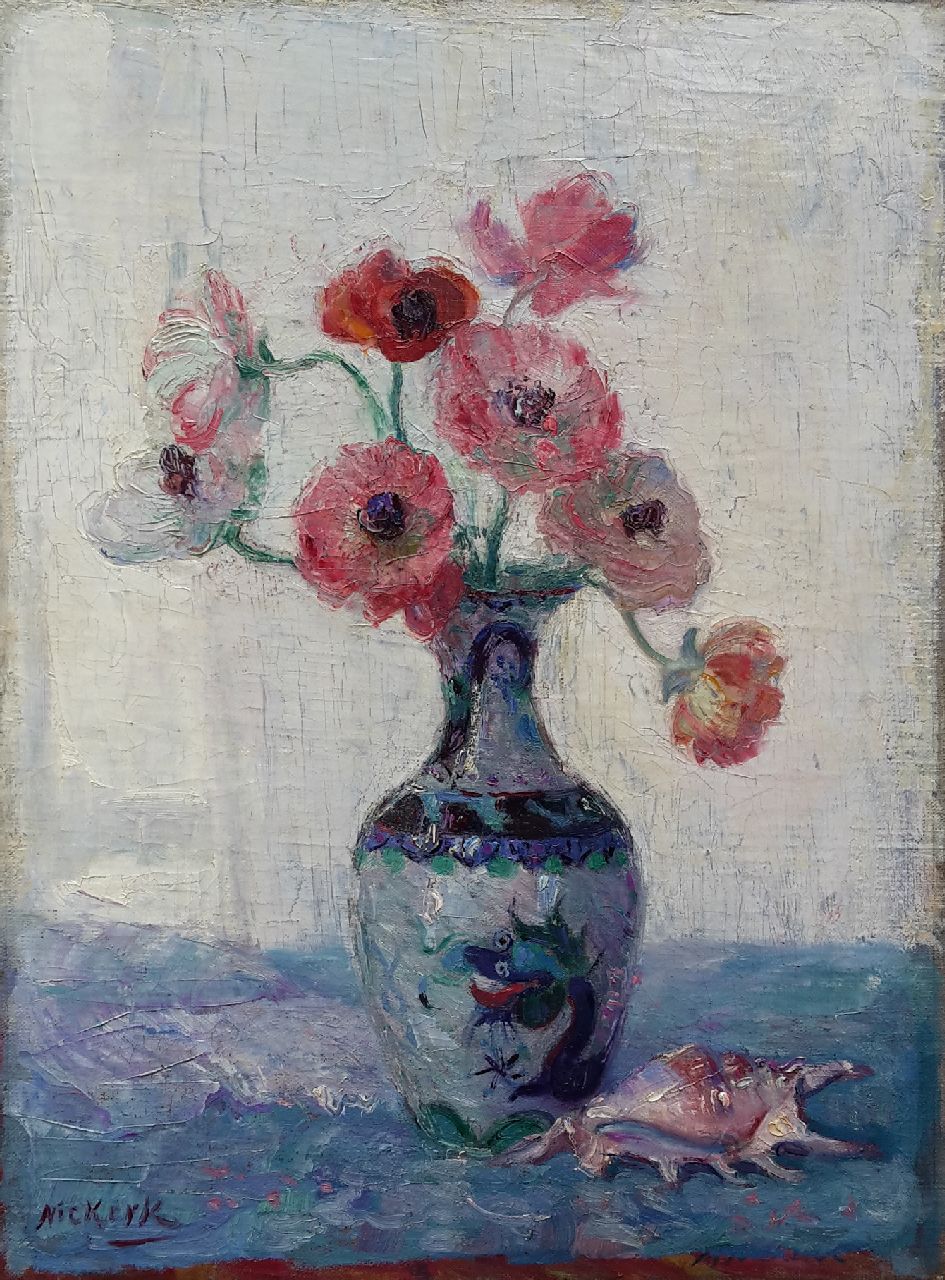 Niekerk M.J.  | 'Maurits' Joseph Niekerk, Anemones in a Chinese vase, oil on canvas 46.8 x 34.3 cm, signed l.l.