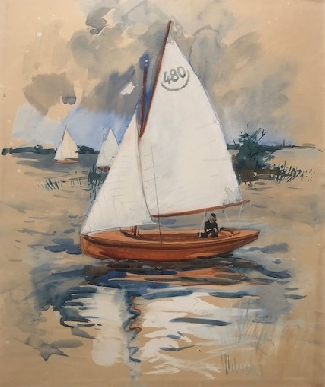 Walrecht B.H.D.  | Bernardus Hermannus David 'Ben' Walrecht | Watercolours and drawings offered for sale | Sailing on the paterswoldsemeer, Groningen, watercolour on paper 46.2 x 38.2 cm, signed l.r.