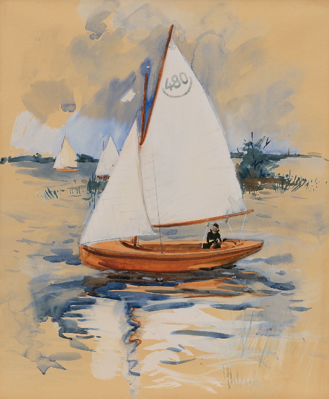 Ben Walrecht | Sailing on the paterswoldsemeer, Groningen, watercolour on paper, 46.2 x 38.2 cm, signed l.r.