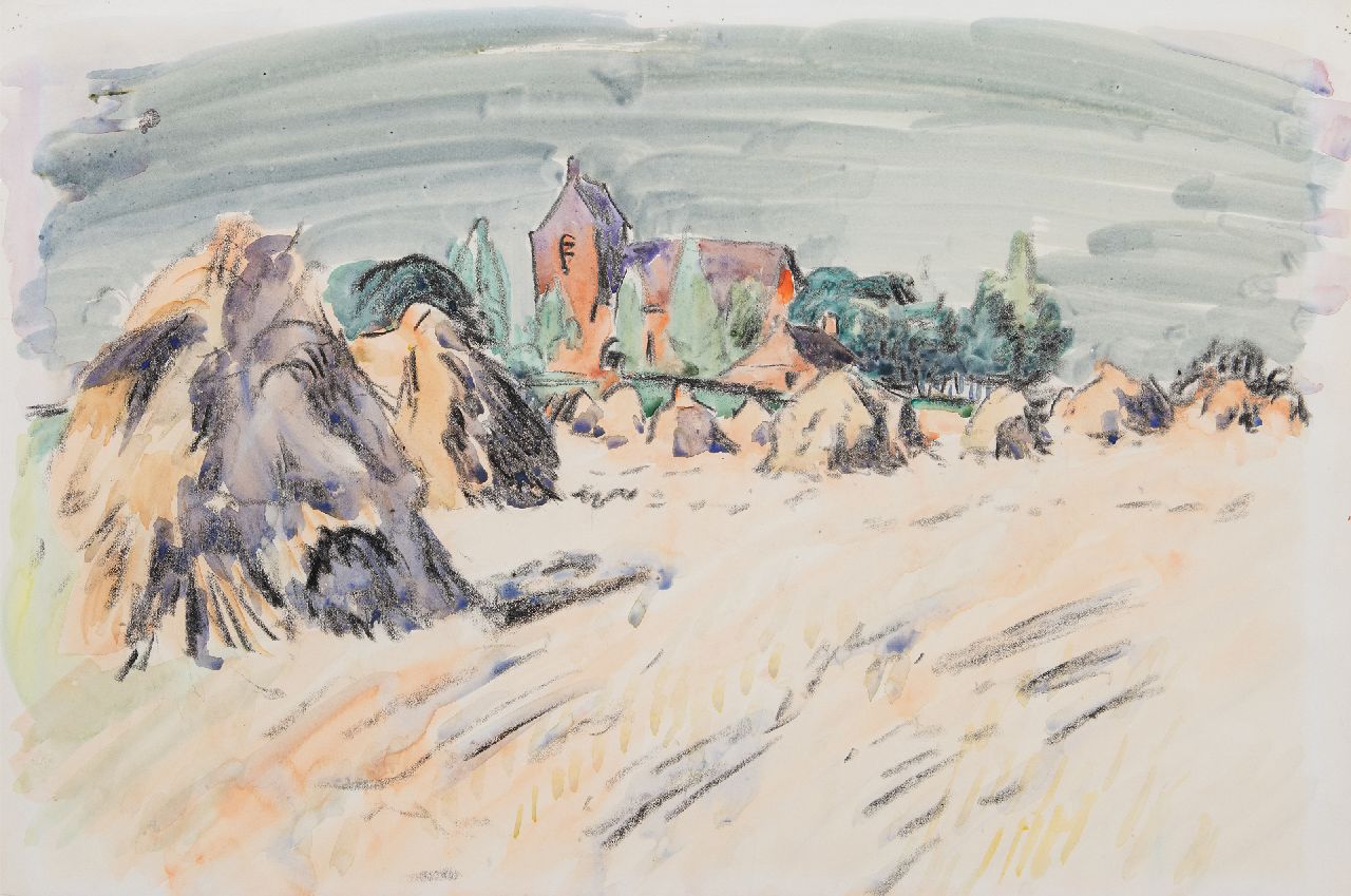 Jan Altink | A summer landscape with the church of Oostum, chalk and watercolour on paper, 41.2 x 59.7 cm