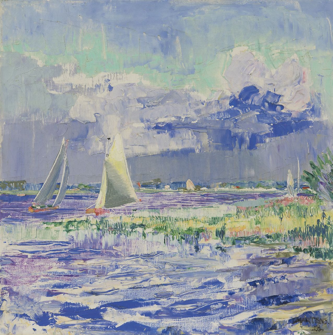 Martens G.G.  | Gijsbert 'George' Martens, Sailing on the Paterswoldsemeer, Groningen, oil on canvas 40.5 x 40.4 cm, signed l.r. and dated '28