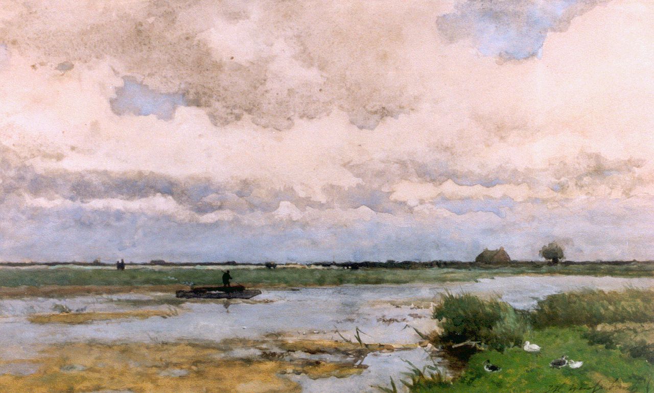 Weissenbruch H.J.  | Hendrik Johannes 'J.H.' Weissenbruch, A barge in a polder landscape, watercolour on paper 30.0 x 60.0 cm