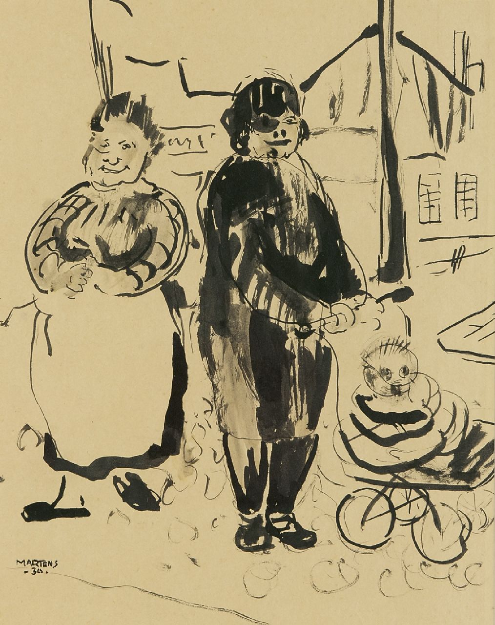 Martens G.G.  | Gijsbert 'George' Martens | Watercolours and drawings offered for sale | Two women and a pram, ink on paper 26.0 x 21.2 cm, signed l.l. and dated '34