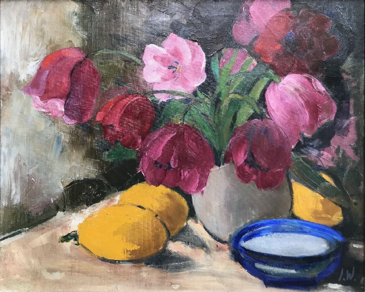 Wiegers J.  | Jan Wiegers, A still life with tulips, oil on canvas 45.1 x 55.0 cm, signed l.r. with initials