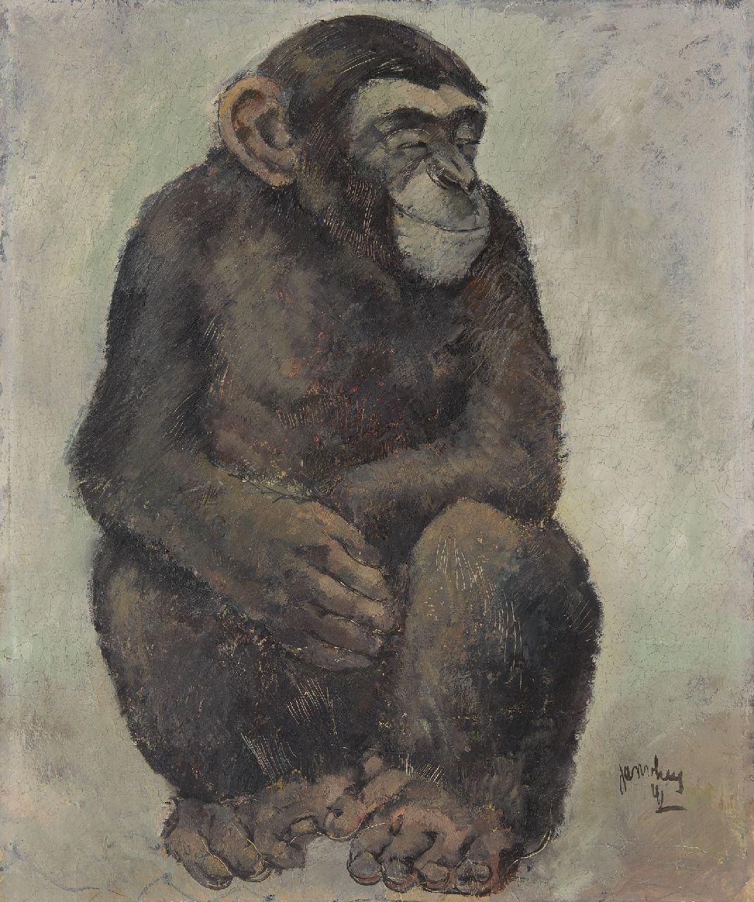 Heel J.J. van | Johannes Jacobus 'Jan' van Heel, Sitting ape, oil on board 60.0 x 50.0 cm, signed l.r. and dated '41