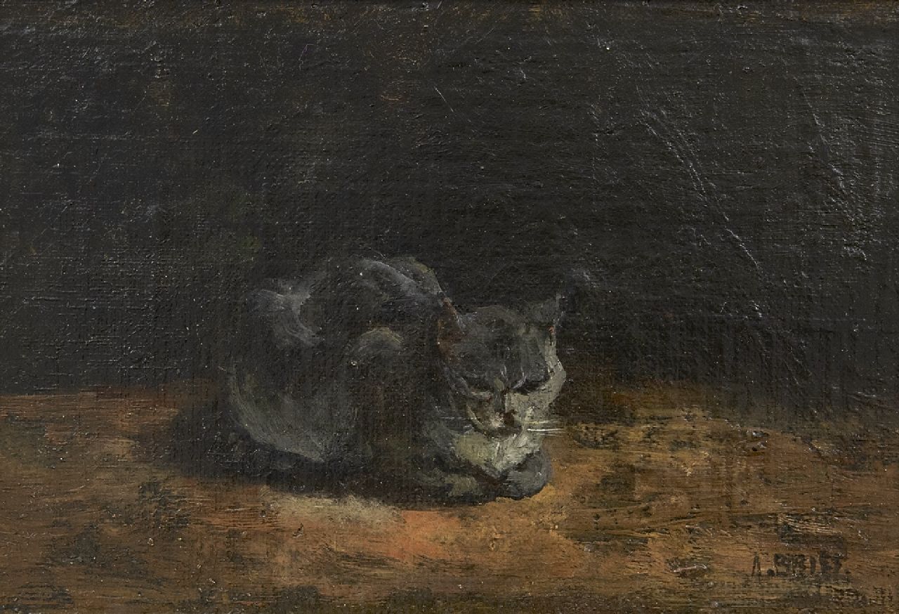 Briët A.H.C.  | 'Arthur' Henri Christiaan Briët, Sleeping grey cat, oil on canvas laid down on panel 13.0 x 20.8 cm, signed l.r.