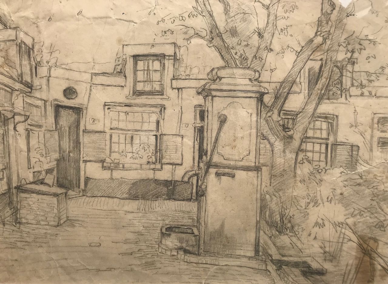 Ritsema J.C. | 'Jacob' Coenraad Ritsema | Watercolours and drawings offered for sale | The Hofje van Loo in Haarlem, black chalk on paper 36.6 x 49.0 cm Ritsema J.C. | 'Jacob' Coenraad Ritsema | Watercolours and drawings offered for sale | The Hofje van Loo in Haarlem, black chalk on paper 36.6 x 49.0 cm