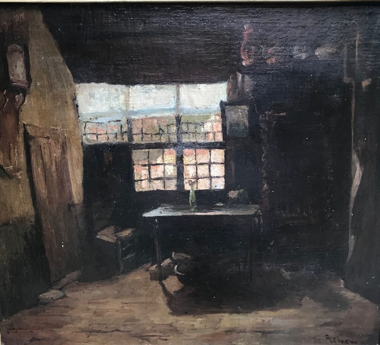 Ritsema J.C.  | 'Jacob' Coenraad Ritsema | Paintings offered for sale | A sunlit farm interior, oil on canvas laid down on panel 39.8 x 46.0 cm, signed l.r. and without frame