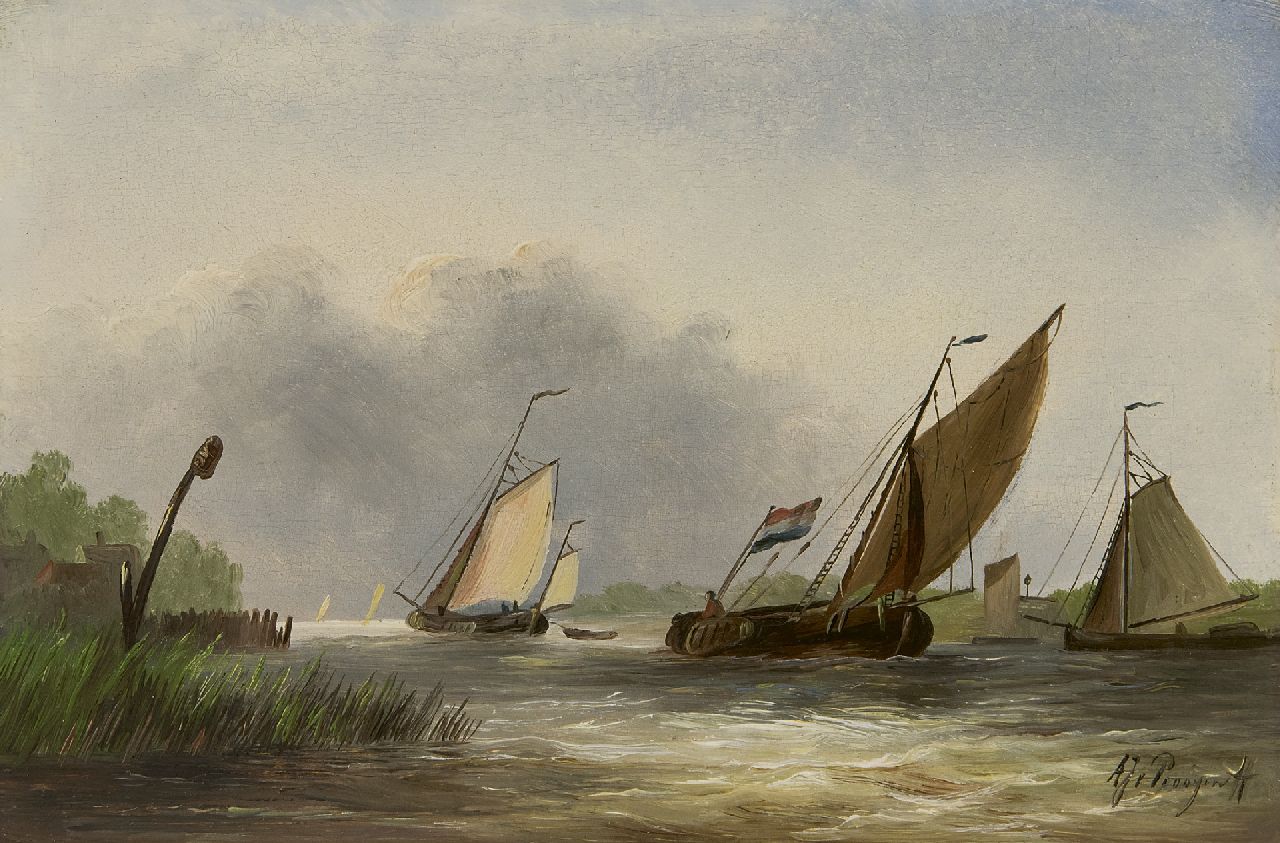 Prooijen A.J. van | Albert Jurardus van Prooijen | Paintings offered for sale | Sailing ships in a strong breeze, oil on panel 17.5 x 26.4 cm, signed l.r.