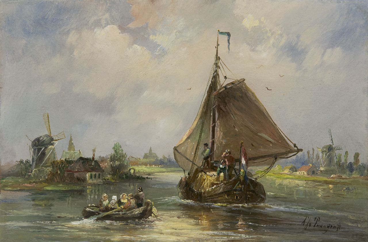 Prooijen A.J. van | Albert Jurardus van Prooijen | Paintings offered for sale | A view of a river with a hayship, oil on panel 21.2 x 32.0 cm, signed l.r.