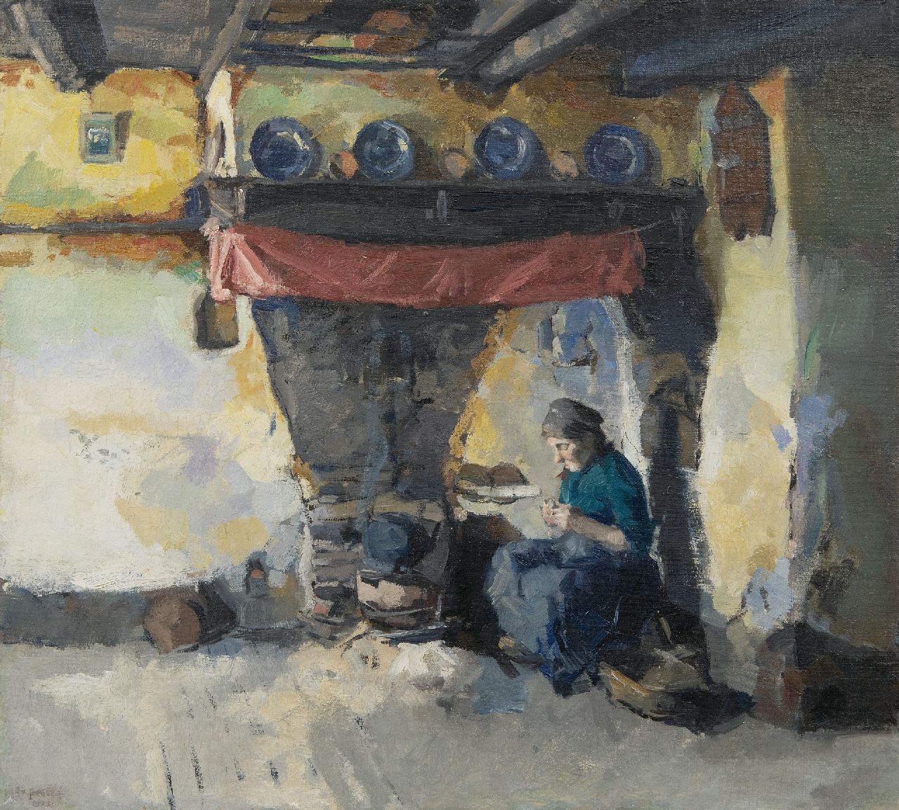 'Emanuël' Samson van Beever | A farmers wife peeling potatoes, oil on canvas, 42.4 x 47.4 cm, signed l.l.