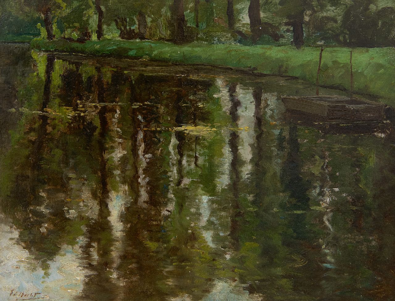 Becht E.A.  | Eduard August 'Ed' Becht | Paintings offered for sale | Pond in the Haagse Bos, The Hague, oil on board laid down on panel 27.0 x 35.1 cm, signed l.l. and without frame
