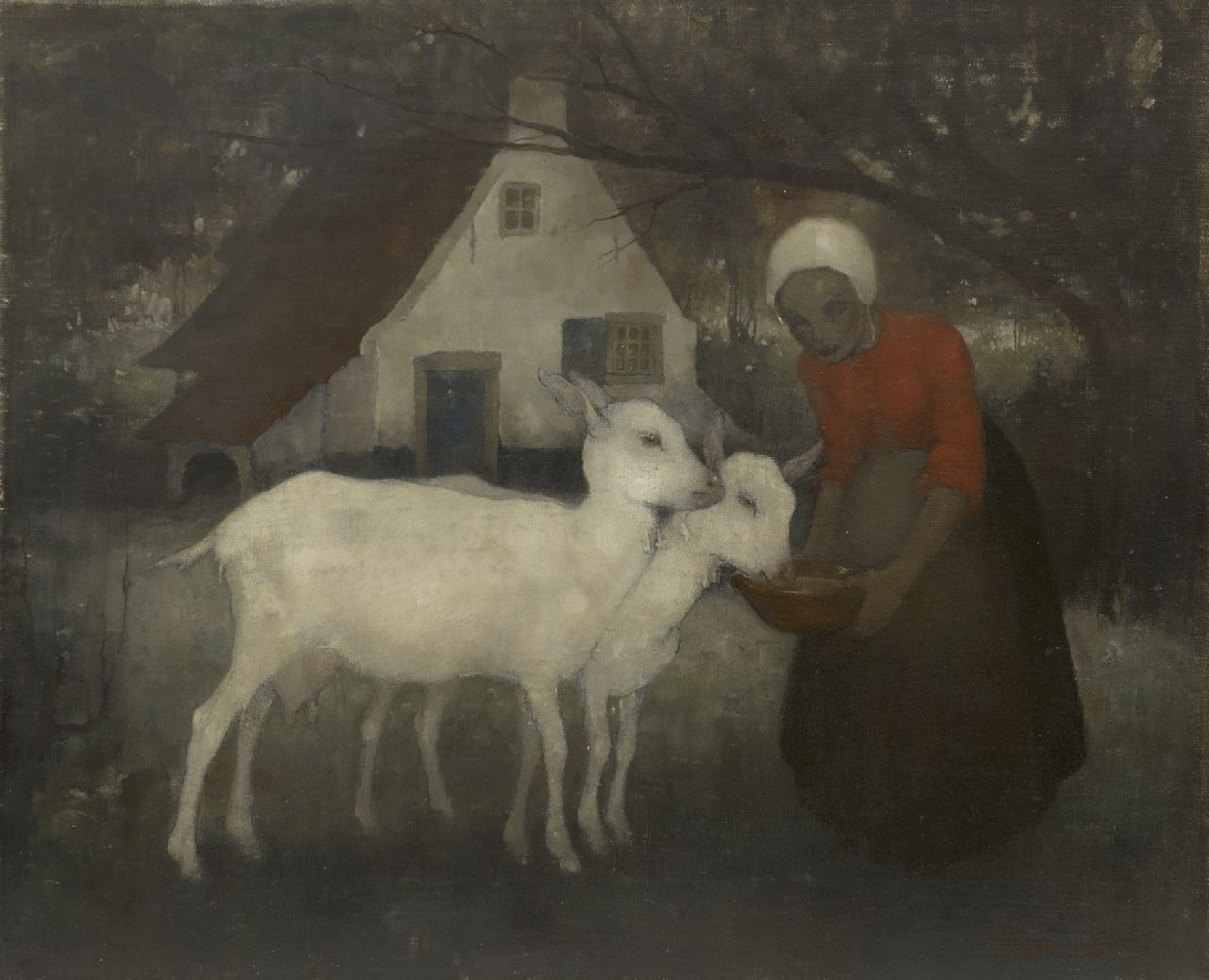 Hoboken J. van | Jacoba 'Jemmy' van Hoboken, Feeding the goats, oil on canvas 36.1 x 43.8 cm, signed l.r. and dated '34