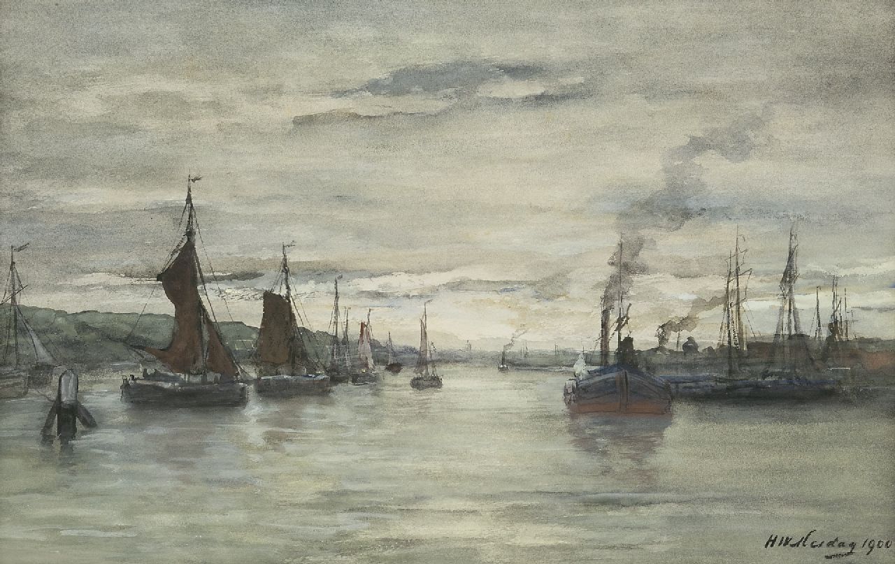 Mesdag H.W.  | Hendrik Willem Mesdag, Inner harbour Scheveningen, watercolour on paper 34.4 x 51.9 cm, signed l.r. and dated 1900