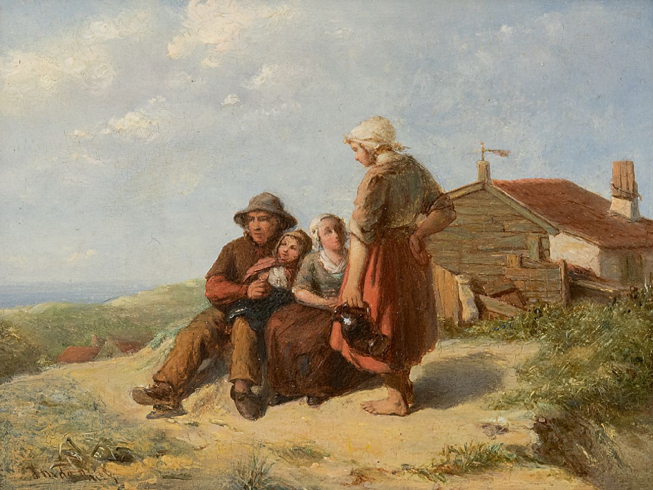 Johannes de Bus | A fisherman and his family in the dunes, oil on panel, 12.7 x 16.6 cm, signed l.l.