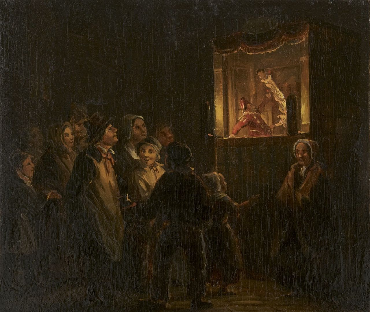 Vos C.A.  | Christoffel Albertus Vos, The puppet show, oil on panel 11.8 x 14.2 cm, signed l.r.