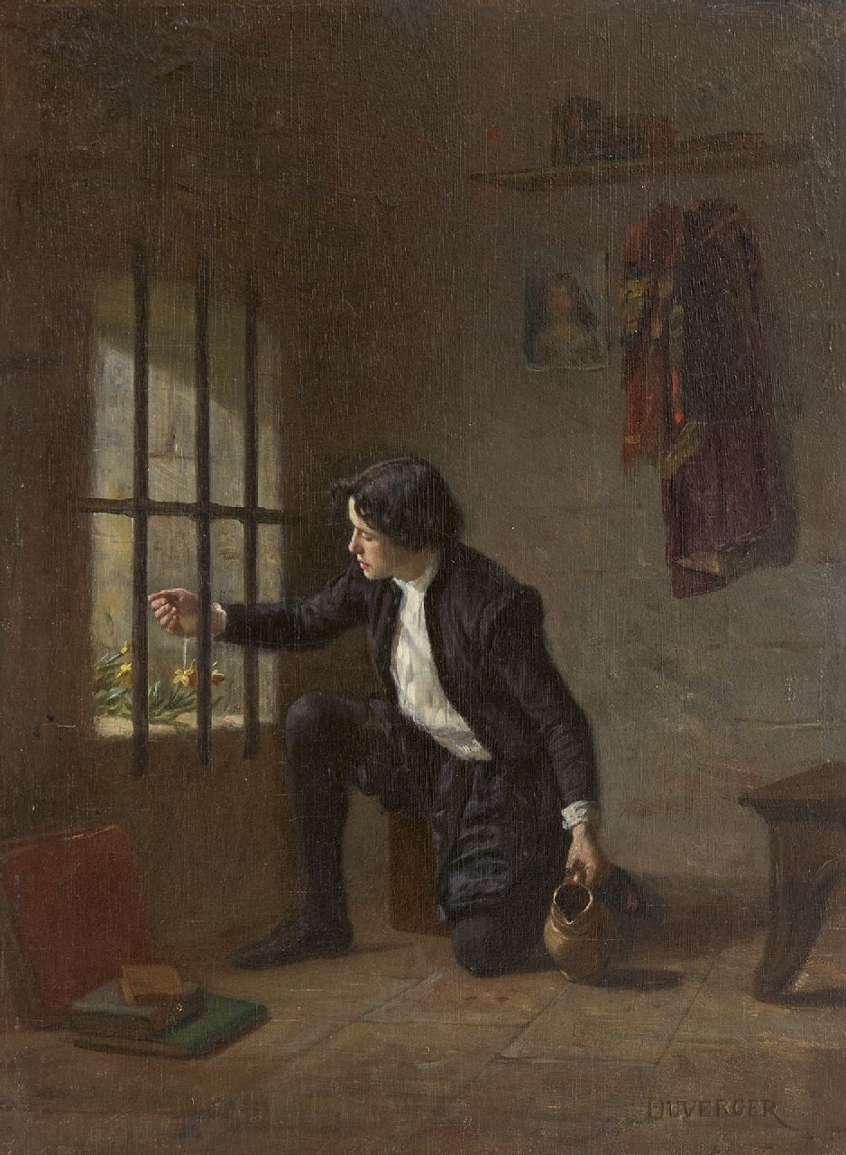 Duverger T.E.  | Théophile Emmanuel Duverger, The tender prisoner, oil on panel 23.5 x 16.2 cm, signed l.r.